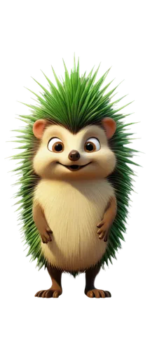 Cartoon hedgehog, green spikes, white belly, cute facial expression, round eyes, standing on hind legs, front paws together, colorful background, simple outline, flat design, childlike atmosphere, war