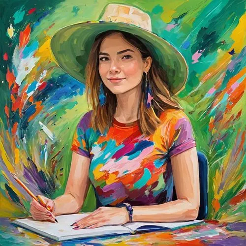 girl wearing hat,artist portrait,painting technique,illustrator,artist,artista,digital art,world digital painting,zemiro,seni,colorful,colorful floral,artistic,mexican painter,andreasberg,girl drawing,table artist,colorful background,colori,flower painting,Conceptual Art,Oil color,Oil Color 20