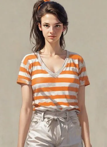 girl in t-shirt,fashion vector,clementine,cotton top,retro girl,portrait background,girl in a long,striped background,gradient mesh,photoshop manipulation,digital compositing,model train figure,realdoll,sewing pattern girls,3d figure,photo painting,painter doll,digital painting,female model,world digital painting,Digital Art,Comic