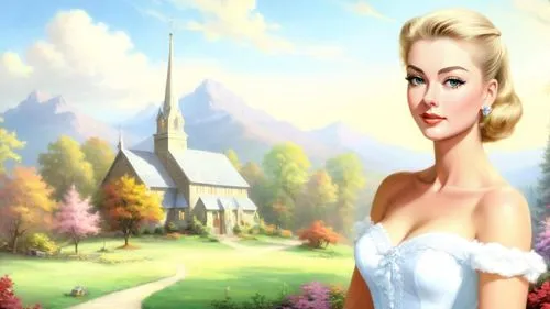 dark saturated colors, Romantic masterpiece oil painting, beautiful girl dainty girdle dress portrait, nostalgic 1950's style kitsch, Idyllic Mormon church landscape, cozy familiar scenery, by Thomas 