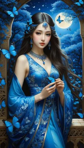 blue enchantress,jasmine blue,arundhati,oriental painting,radha,fantasy picture,Illustration,Realistic Fantasy,Realistic Fantasy 08