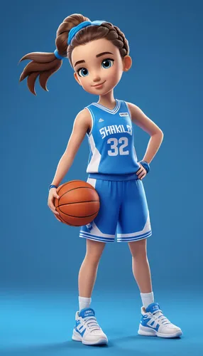 Young girl, digital illustration of a girl in a basketball uniform, full body, standing pose, size 6 jersey, holding a basketball, single_braid, white and blue sports jersey, sneakers, bright blue bac