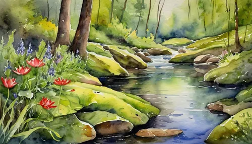 watercolor background,brook landscape,water color,watercolor painting,mountain stream,watercolor,flowing creek,watercolour,water colors,mountain spring,river landscape,watercolor paint,watercolors,streams,the brook,a small waterfall,watercolor paper,garden pond,watercolor tea,mountain river,Illustration,Paper based,Paper Based 24