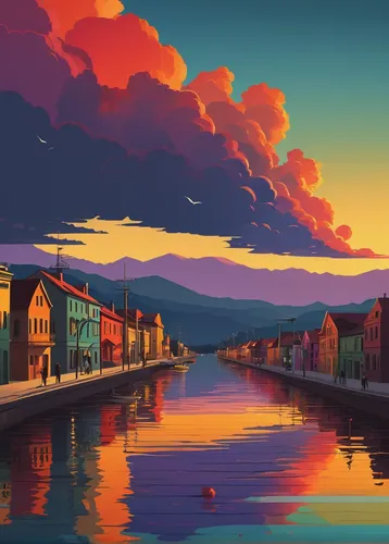 world digital painting,warm colors,saturated colors,gondola,splendid colors,dusk background,digital painting,landscape background,venetian,colorful city,lombardy,tuscan,harbor,coast sunset,orange sky,venezia,canals,eventide,art background,waterfront,Illustration,Vector,Vector 05