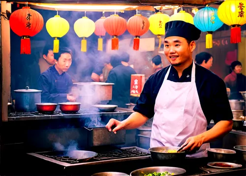 Food stall, street vendor, night market, solo male seller, 30s, apron, chef hat, messy hair, warm lighting, steam rising from pots, various dishes displayed, colorful signs, Chinese characters, lanter