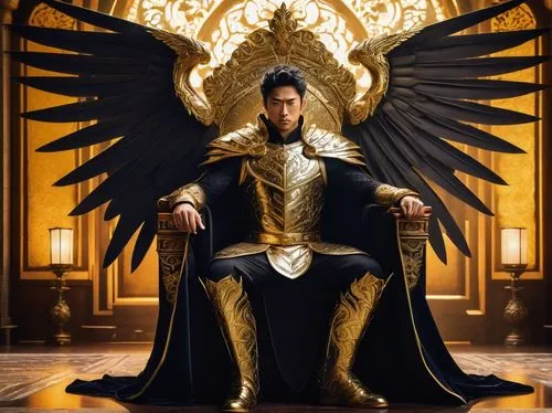 Golden crest, medieval-inspired, intricately designed, regal ornamentation, shiny metallic surface, ornate details, symmetrical composition, majestic wings spread wide, solemn facial expression, power