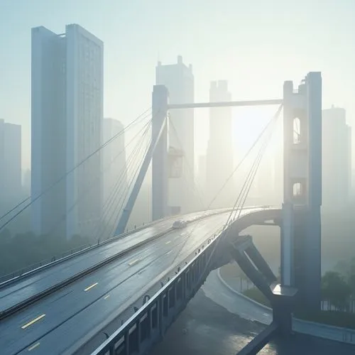 Minimalist vehicular bridge, futuristic design, sleek lines, silver metallic material, reflective surface, geometric shapes, simple yet bold structure, urban cityscape, morning mist, gentle sunlight, 