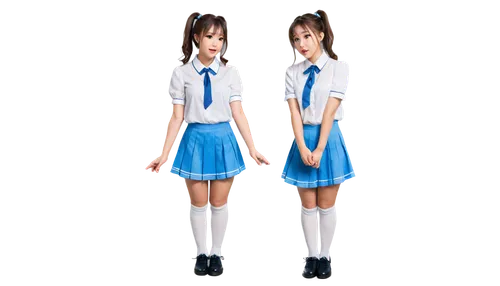 Kawaii girl, apology expression, bowing head, cute facial features, big round eyes, blushing cheeks, short hair, ponytail, white blouse, blue skirt, knee-high socks, black shoes, holding hands togethe