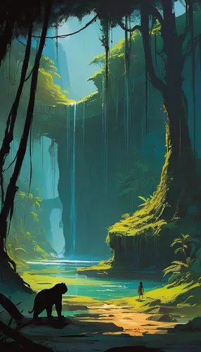 monkey island,bear guardian,wilderness,jungle,sun bear,world digital painting,fantasy landscape,forest,black bears,environment,forests,wander,forest animals,exploration,forest landscape,grizzlies,canyon,the forest,concept art,rainforest,Conceptual Art,Sci-Fi,Sci-Fi 22