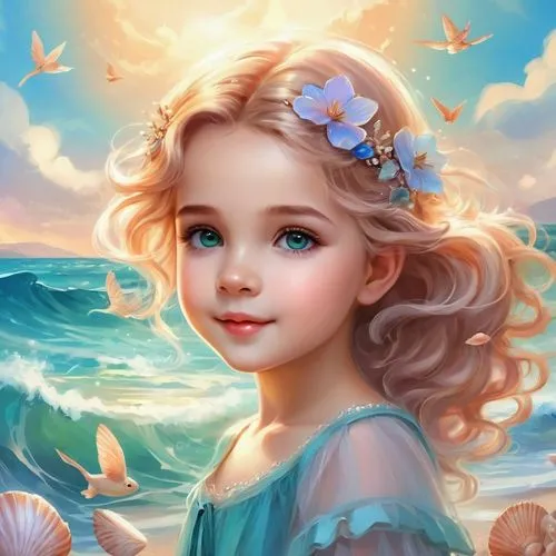 little girl in wind,mermaid background,portrait background,children's background,fantasy portrait,little girl fairy,world digital painting,child portrait,child fairy,romantic portrait,mystical portrait of a girl,digital painting,ocean background,moana,butterfly background,girl in flowers,beach background,girl portrait,little angel,flower background,Illustration,Realistic Fantasy,Realistic Fantasy 01