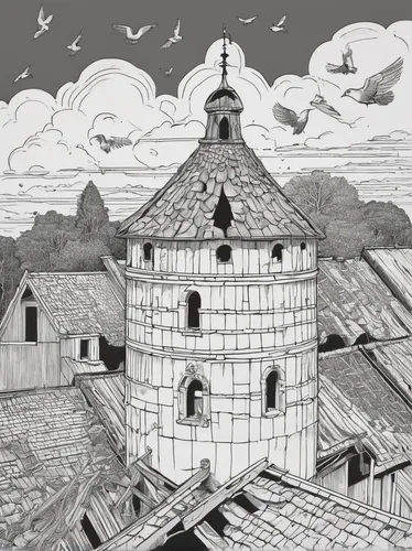 dovecote,medieval architecture,panopticon,roof domes,the globe,pigeon house,peter-pavel's fortress,tower of babel,medieval,silo,dome roof,roofs,round house,noah's ark,round barn,middle ages,byzantine architecture,monastery,book illustration,watchtower,Illustration,Black and White,Black and White 20