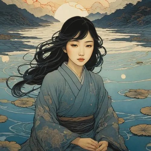 kommuna,ugetsu,hoshihananomia,water lotus,ukiyoe,japanese art,uemura,geisha,sakimoto,geiko,takimoto,amaterasu,okimoto,amano,oriental princess,archaia,serene,wenzhao,geisha girl,tatsuro,Illustration,Japanese style,Japanese Style 15