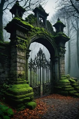 ghost castle,moss landscape,stone gate,archways,old graveyard,gatehouses,haunted castle,graveyards,cemeteries,lychgate,doorways,heaven gate,entranceways,haunted cathedral,graveyard,gateposts,archway,cemetary,forest cemetery,gothic style,Conceptual Art,Daily,Daily 15