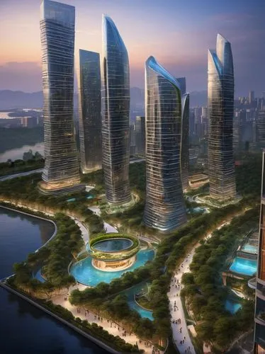 grand, majestic master plan, landscape architecture, futuristic cityscape, sleek skyscrapers, verdant rooftop gardens, winding pedestrian walkways, tranquil lakeside promenade, vibrant streetlights, b