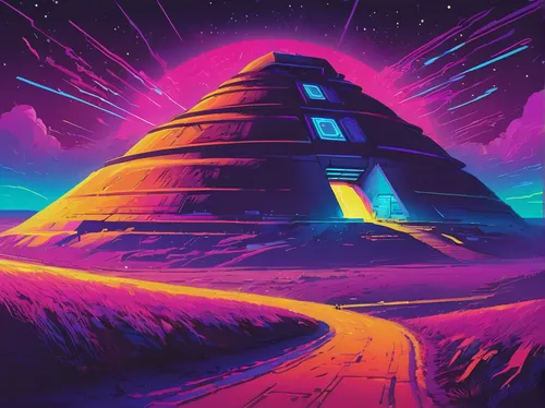 pyramids,russian pyramid,pyramid,step pyramid,futuristic landscape,volcano,vast,eastern pyramid,80's design,beacon,stratovolcano,kharut pyramid,uluru,prism,ufo,giza,80s,lava lamp,monolith,wall,Conceptual Art,Sci-Fi,Sci-Fi 27