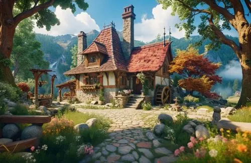 house from the movie beauty and the beast, real, photographic quality, photography, real style, With a mill wheel on the right side of the house and a well in front, it is located in a mountain meadow