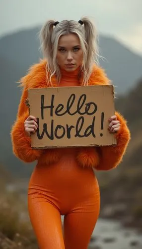 A 29yo model woman with light silver hair in a messy pigtails is holding a cardboard sign that reads "Hello World!!" , full body, she wear Electric orange ((skin-tight)) seamless jumpsuit with intrica