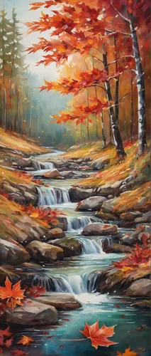 Write a peaceful autumn scene with reddish leaves gently falling to the ground.,fall landscape,autumn landscape,flowing creek,autumn background,oil painting on canvas,brook landscape,river landscape,a