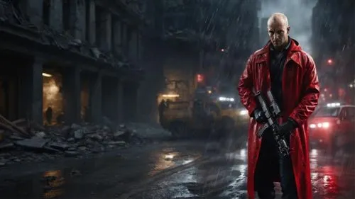 “A post-apocalyptic cityscape, with  urban Cityscape and survivors running amidst the ruins.” Realistic, highly detailed, Action scene, ,a man in a red coat is holding a gun on a rainy city street,dan