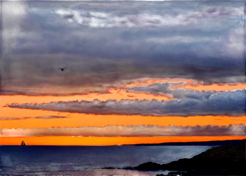 Warm sunset, ocean horizon, vibrant orange sky, soft fluffy clouds, gentle waves, rocky coastline, sailboat in distance, seagulls flying overhead, 3/4 composition, low-angle shot, warm lighting, cinem