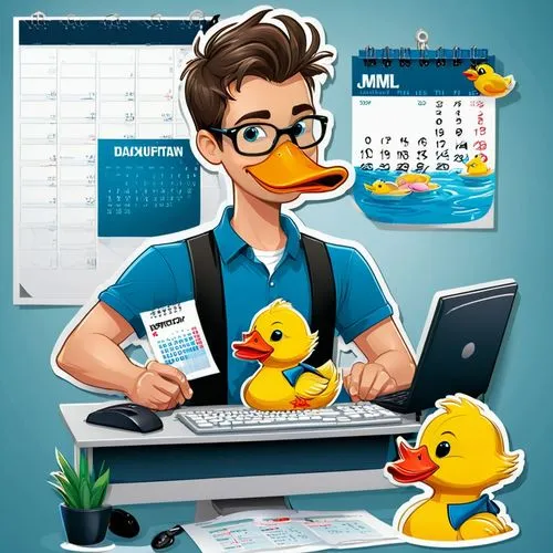 молодой человек работает за компьютером с уткой, на стене висит календарь,diduck,ducky,rubber ducks,keylogger,quacking,duckie,quacker,rubber duckie,rubber duck,cute cartoon image,duck meet,quackwatch,