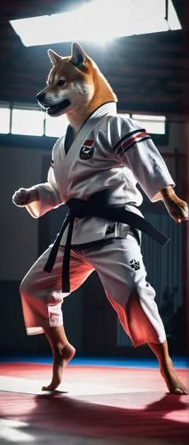 Shiba Inu, Taekwondo uniform, athletic build, muscular legs, dynamic kicking pose, focused facial expression, sweaty hair tied back, white dojang, black belt, red and blue stripes on sleeves, worn-out