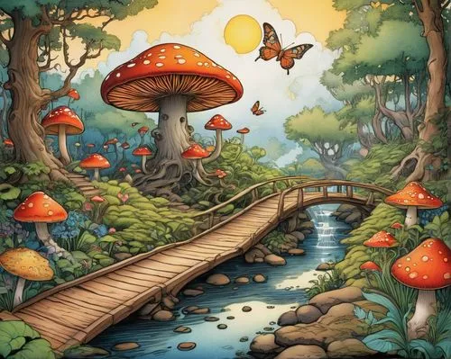 mushroom landscape,mushroom island,toadstools,fairy world,fairy village,mushrooms,fairy forest,umbrella mushrooms,forest mushroom,tree mushroom,cartoon video game background,shrooms,toadstool,conocybe,mycena,cartoon forest,fly agaric,agarics,fairyland,forest mushrooms,Illustration,Retro,Retro 19