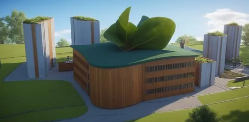 enchanted community hub located at a park,3d rendering,3d render,3d rendered,bookbuilding,modern architecture,concrete plant,lowpoly,building valley,cubic house,school design,redevelop,rendered,indust