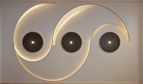 
Gypsum decoration in the ceiling of a room with hidden LED lighting,white room with three black circles and lights,foscarini,wall lamp,wall light,eero,penannular,teleoptik,Photography,General,Realist