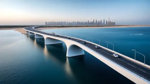 Minimalist, ultra-realistic magazine cover featuring a sleek, white wave-shaped bridge crossing the gulf in Dubai. Clean architectural lines with soft, flowing curves. A few cars pass quietly on the b