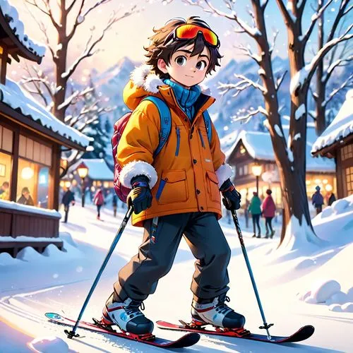 japanese style, manga, realistic,colors,winter,skiing,a person with skis is walking in the snow,skiwear,skiing,skiied,winter background,skiers,christmas skiing,Anime,Anime,Cartoon