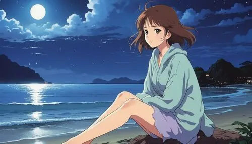 yui hirasawa k-on,studio ghibli,moonlight,sea night,tsumugi kotobuki k-on,moonlit night,moonlit,clear night,blue sea,starry sky,euphonium,akko,moon and star background,summer evening,ocean,beach background,by the sea,sea-shore,moon night,beach scenery,Photography,General,Realistic