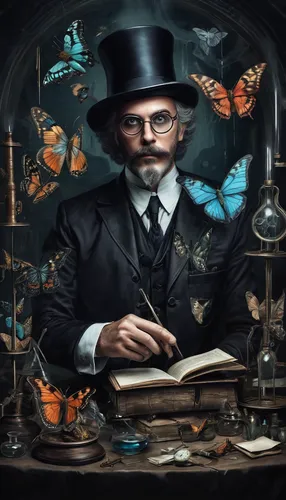 watchmaker,clockmaker,apothecary,magician,biologist,theoretician physician,reading magnifying glass,fish-surgeon,steampunk,lepidopterist,hatter,sci fiction illustration,researcher,the collector,librarian,magic book,the gramophone,professor,ringmaster,cryptography,Conceptual Art,Fantasy,Fantasy 34