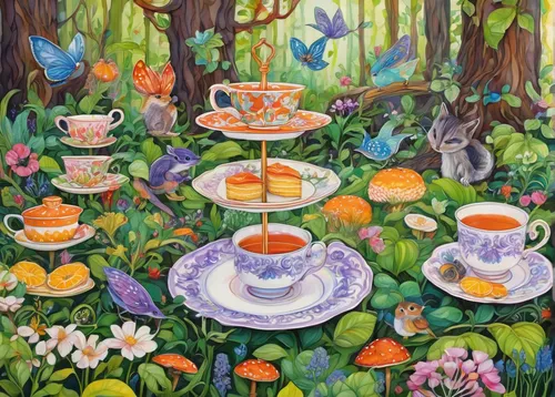 Transport yourself to a magical teatime in a fairytale forest.,tea party,tea party collection,afternoon tea,tea cups,tea service,high tea,coffee tea illustration,tea time,teacup arrangement,teatime,wa