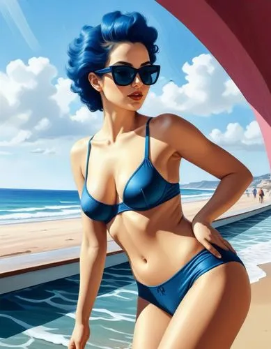 digital artwork of woman in blue bikini on beach,beach background,azzurra,azzurro,shadman,retro woman,azur