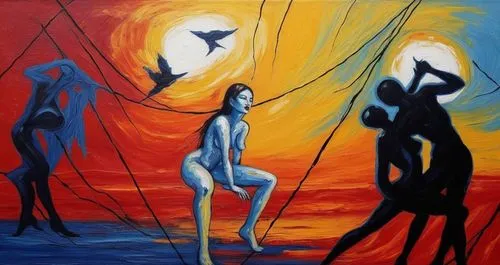 demoiselles,woman hanging clothes,uvi,companias,oil painting on canvas,vivants,cirque du soleil,voladores,varekai,oil on canvas,sirens,contradanza,indigenous painting,oil painting,khokhloma painting,beltane,tightrope,orpheus,art painting,samuil,Illustration,Realistic Fantasy,Realistic Fantasy 33