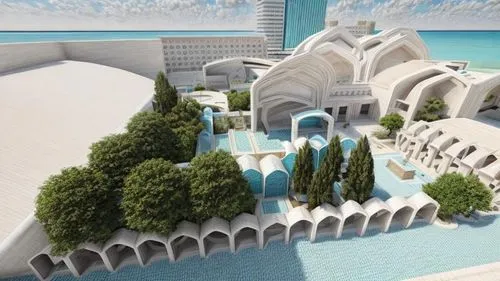 Realistic rendering of the Aghamiri Art Cultural Foundation with Iranian arches and white, pale blue, and turquoise colors. 
And the background of the city,this is a computer rendering of an architect