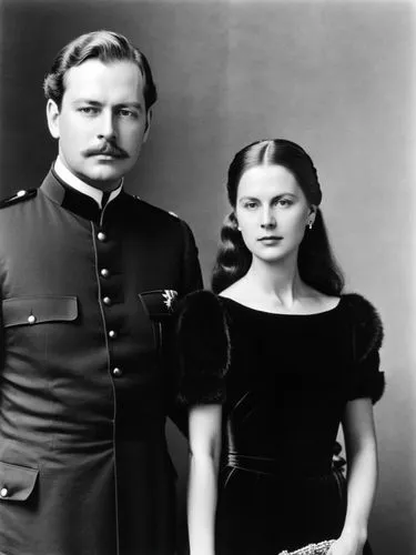 Full-length black and white portrait of Their Majesties King Karl I and Queen Olga of Württemberg.,a man and woman dressed in military uniform,romanovs,lermontov,gaetjens,hungarians,estonians,fraulein