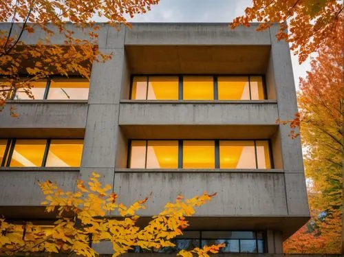 Oregon University campus, modern academic building, brutalist architecture, concrete structure, geometric shapes, angular lines, large windows, natural light, greenery surroundings, autumn foliage, vi