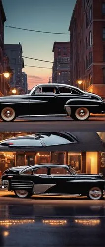 Street rod, American-style, 1950s-inspired, sleek black body, chrome-plated exhaust pipes, vintage headlights, curved rear fins, customized license plate, luxurious leather seats, wood-grain dashboard