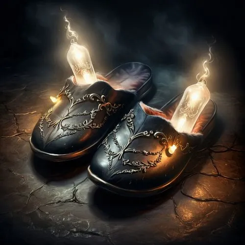 огоньки на тапках, чтобы находить в темноте,a pair of black shoes with a lit lantern inside,cauldrons,shoes icon,spellbook,spellcasters,necklacing,magic grimoire,runes,flagons,cauldron,spells,shoemake