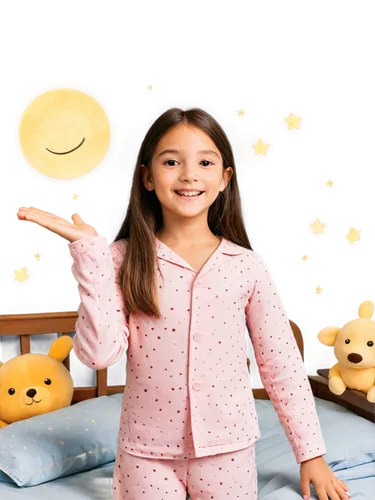 a girl, cute, smiling, waving goodbye, bedtime outfit, pajamas, soft toys, moonlight, starry sky, gentle wind, peaceful atmosphere, warm color tone, shallow depth of field, 3/4 composition, cinematic 