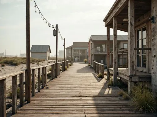 Weathered wooden docks, rusty metal railings, driftwood accents, sea-salt-eroded concrete, rough-hewn stone walls, corrugated metal roofs, faded nautical ropes, sandy dune-inspired landscapes, misty o