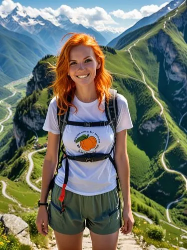 a young woman with bright orange hair and a mischievous grin approaches the winding roads of a mountain range, revealing a beautiful landscape around her. She carries a backpack filled with fresh frui