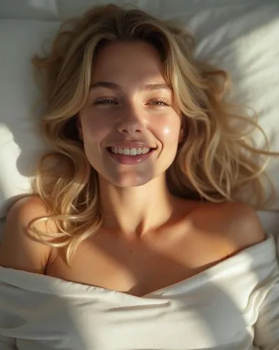 Photo of a beautiful Austrian blonde, 31, waking in a light bed, morning light, shot from high above, but close up on her face, vertically aligned, silk, she is waking smiling lightly, anticipating so