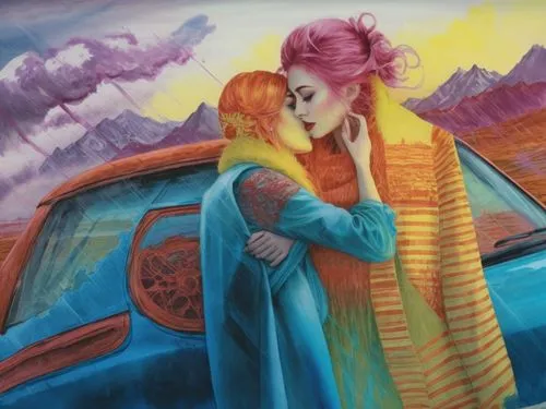 painting of two women hugging by a blue car,ermione,jasinski,holton,emshwiller,simione,sci fiction illustration,Illustration,Realistic Fantasy,Realistic Fantasy 25