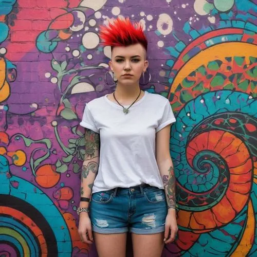 punk,mohawk,pompadoured,pompadour,pompadours,girl in t-shirt,Illustration,Paper based,Paper Based 19