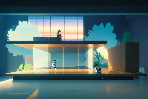 two people sit on the stage in front of some mirrors,dojo,house silhouette,cubic house,background design,blue room,stage design,Anime,Anime,Realistic