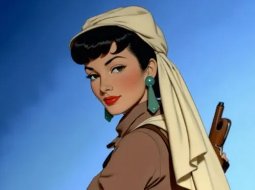 Jezebel Jade female , adventurer ,with a Jungle pith helmet And White scarf hanging form it down her back to her waist, Elongated rectangle Jade ear rings hanging from her ears, Safari jacket tan, Red