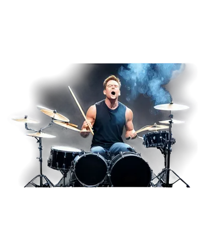 Dynamic drum set, shiny metal drums, bold drumsticks, energetic hands, intense facial expression, passionate musician, spotlight shining down, dark background, smoke effects, dynamic composition, low-